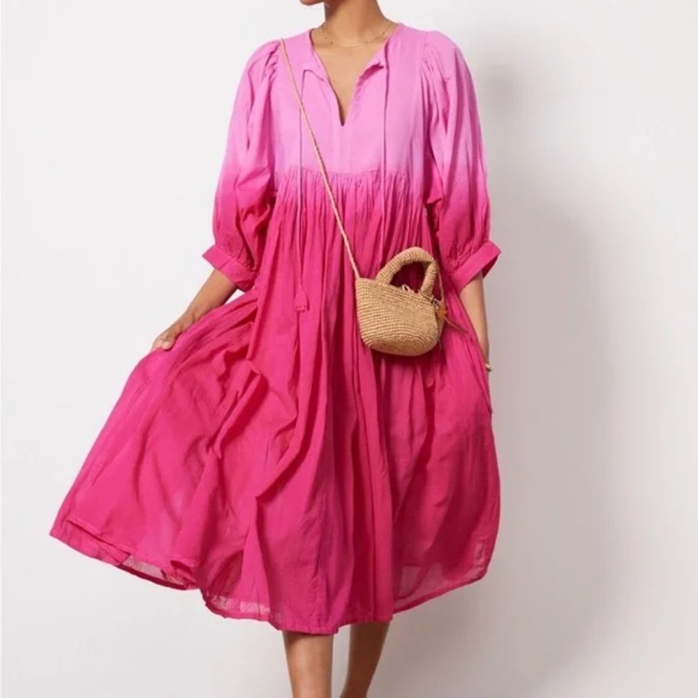 SUNDRY WOMEN'S BLOUSON SLEEVE MIDI‎ DRESS IN AZALEA OMBRE SIZE 1 SMALL Maxi